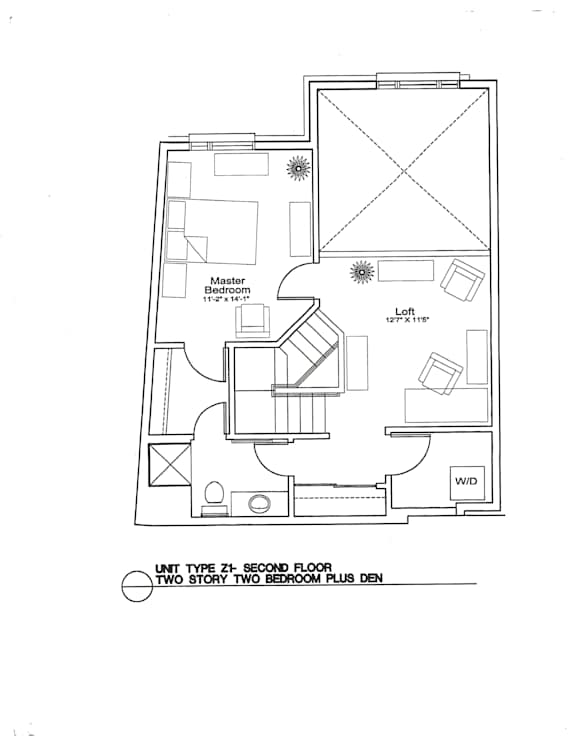 A floor plan of a two story two bedroom plus den apartment.