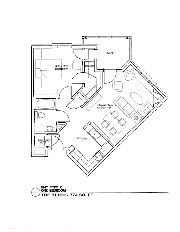 A black and white drawing of a house plan with a deck, bedrooms, a great room, a laundry room, and a kitchen.