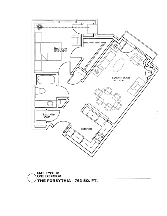 A floor plan of a one bedroom apartment at The Forsythia - 763 Sq. Ft.