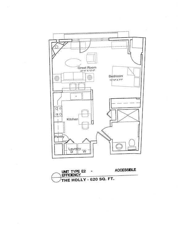A floor plan of a 620 square feet unit with a kitchen, pantry and two bedrooms.