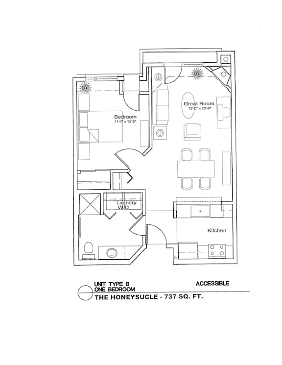 A floor plan of a home with a laundry room and a honeysuckle unit type B.