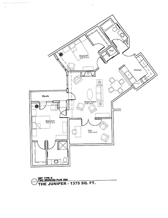A black and white floor plan of a two-story building with a deck and a kitchen.