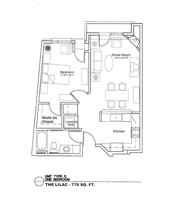 A floor plan of a one bedroom apartment with a lilac color.