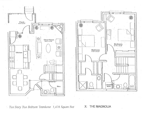 A floor plan of a two-story building with a living room, kitchen, and bathrooms.