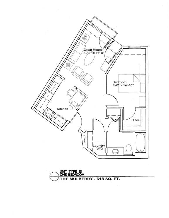 A floor plan of a one bedroom apartment with a kitchen and a bathroom.