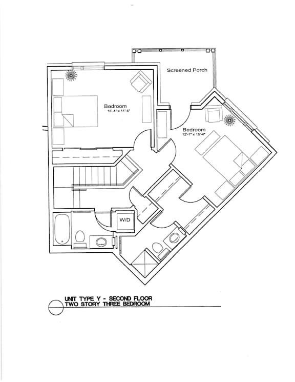 A black and white floor plan of a house with two bedrooms and a screened porch.