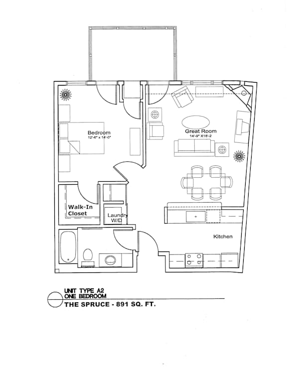 A drawing of a one bedroom apartment with a sprung floor.