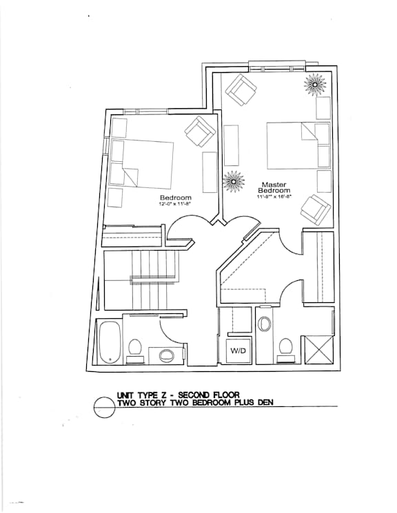 A floor plan of a two story two bedroom plus den apartment.