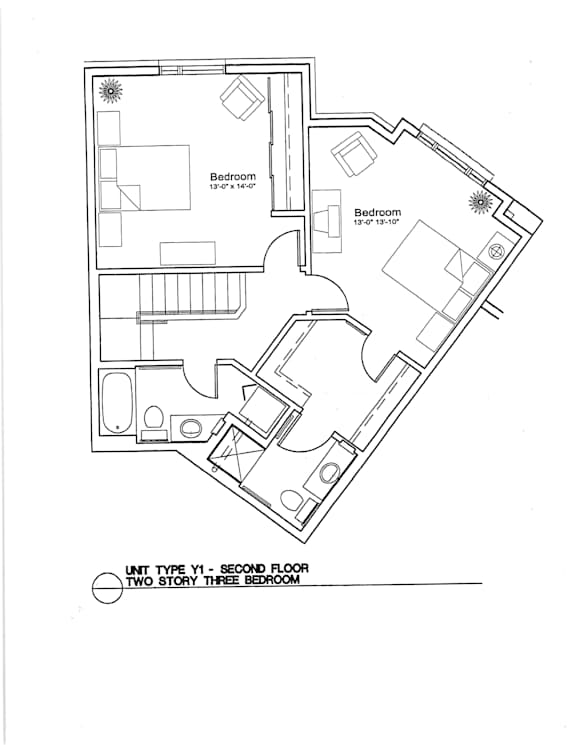 A floor plan of a unit with two bedrooms and a second floor with three bedrooms.