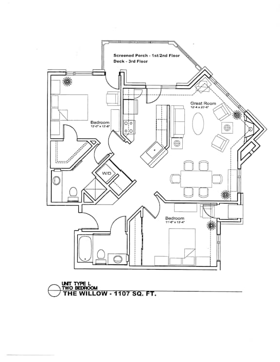 A floor plan of a two-bedroom apartment with a living room, kitchen, and bathroom.