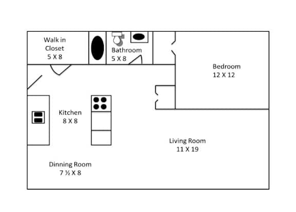 A floor plan of a small apartment with a living room, dining room, kitchen, bathroom, bedroom and walk-in closet.