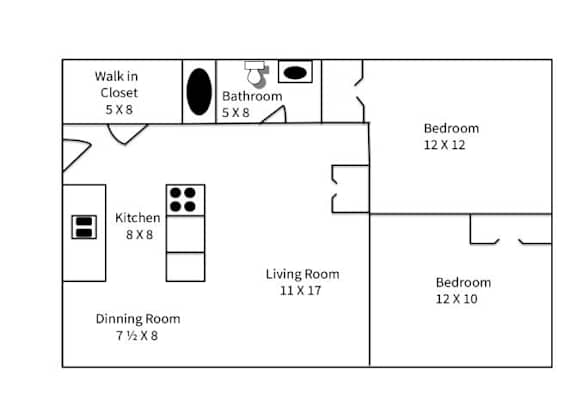A floor plan of a small apartment with a living room, dining room, kitchen, two bedrooms, and bathrooms.