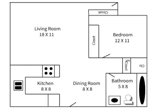 A floor plan of a small apartment with a living room, kitchen, dining room, bedroom and bathroom.