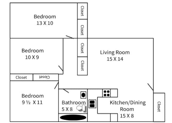 A floor plan of a house with three bedrooms, a living room, a kitchen/dining room, and a bathroom.