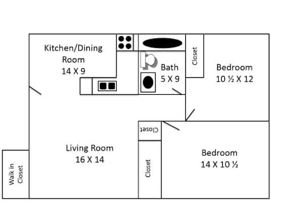 A floor plan of a small apartment with a living room, kitchen/dining room, and two bedrooms.