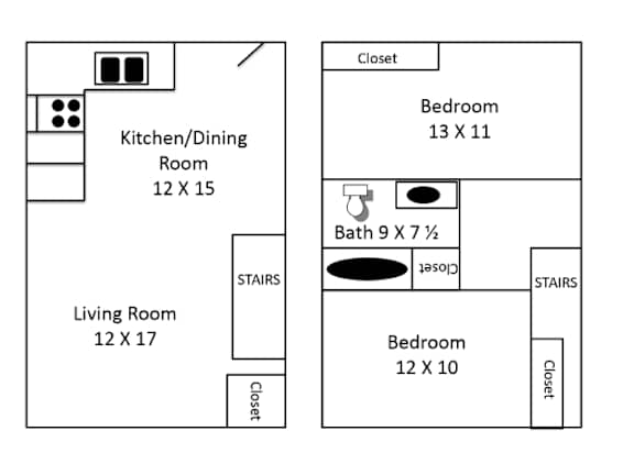 A floor plan of a house with two bedrooms, a living room, a kitchen/dining room, and two closets.