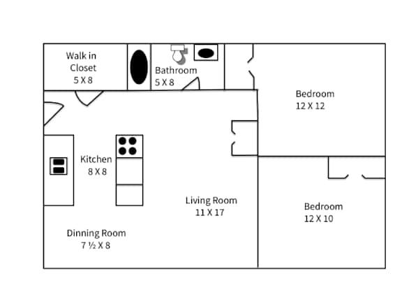 A floor plan of a house with a living room, dining room, kitchen, two bedrooms, and bathrooms.