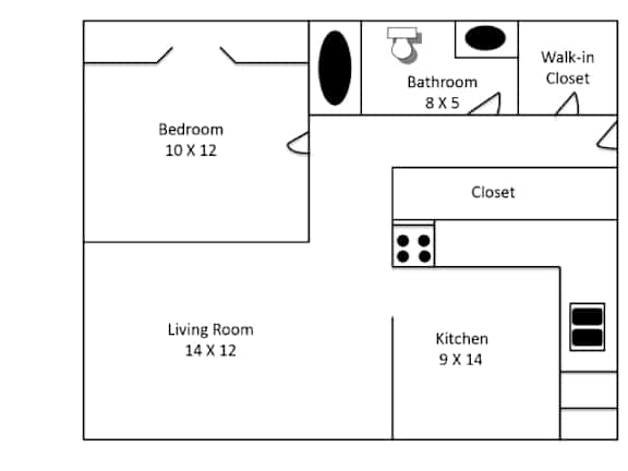 A floor plan of a small apartment with a bedroom, living room, kitchen, bathroom and walk-in closet.