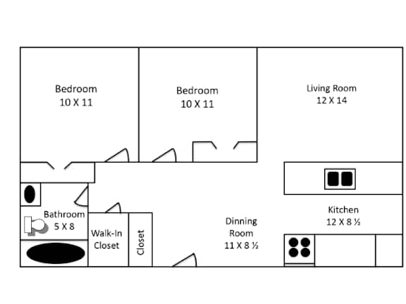 A floor plan of a house with two bedrooms, a living room, a kitchen, a bathroom, a dining room, and a walk-in closet.