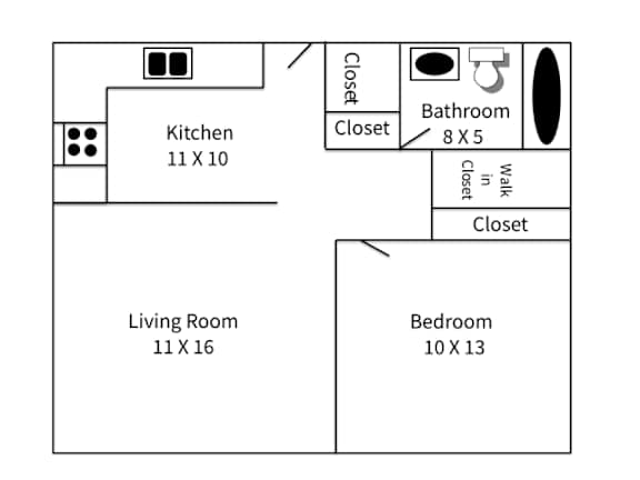 A floor plan of a small apartment with a kitchen, living room, bedroom and bathroom.