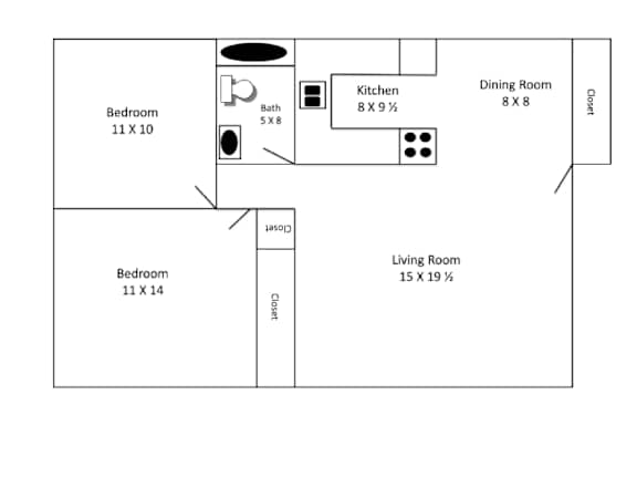 A floor plan of a small apartment with two bedrooms, a living room, a kitchen, a dining room, and a closet.