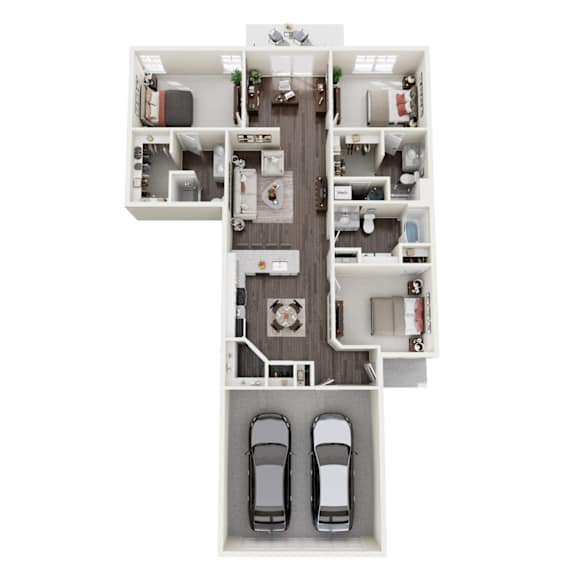 A floor plan of an apartment with two bedrooms, a living room, a kitchen, a bathroom, and two parking spaces.