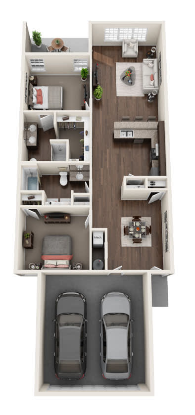 a 2400 sq ft floor plan with 2 cars