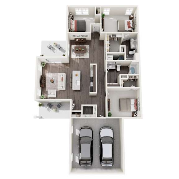 A top-down view of a house interior with two cars parked in the garage.