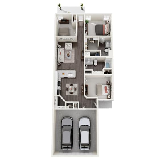 A top-down view of a small apartment with a kitchen, living room, bedroom, and bathroom.
