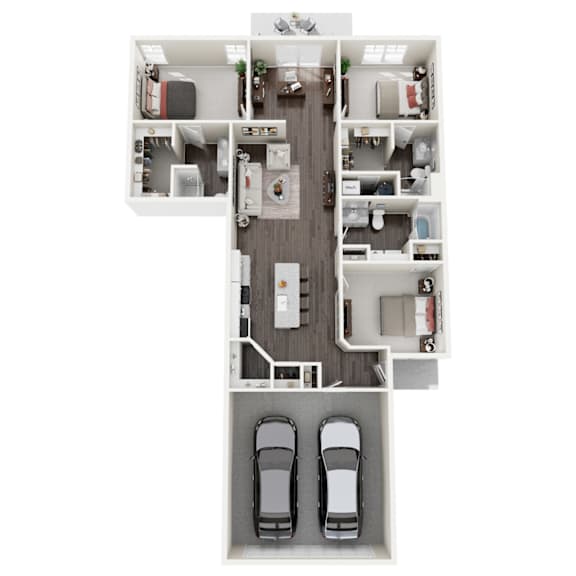 A floor plan of a house with two bedrooms, a living room, a kitchen, a bathroom, and two parking spaces.
