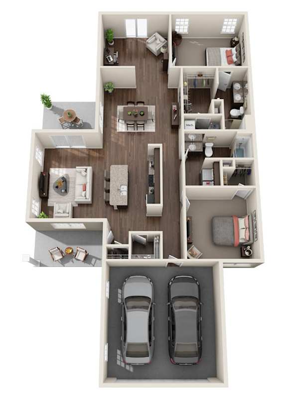 A top-down view of a house interior with two cars parked in the garage.