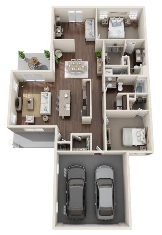 A top-down view of a house layout with two bedrooms, a living room, a kitchen, a dining room, and two parking spaces.