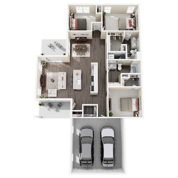 A top-down view of a house layout with two cars parked in the garage.
