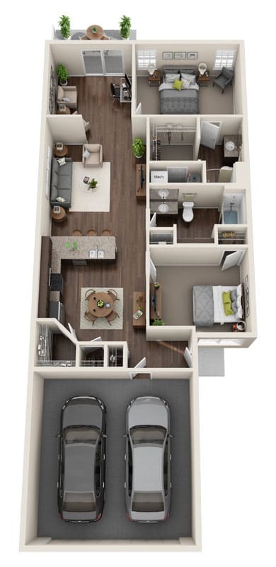 a 3d drawing of the b3 floor plan with two cars in the garage