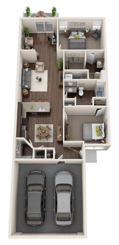 A floor plan of a house with two bedrooms, two bathrooms, a living room, a kitchen, and a garage with two cars.
