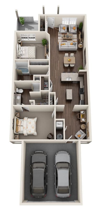 a floor plan of a 3 bedroom apartment with two cars in the garage