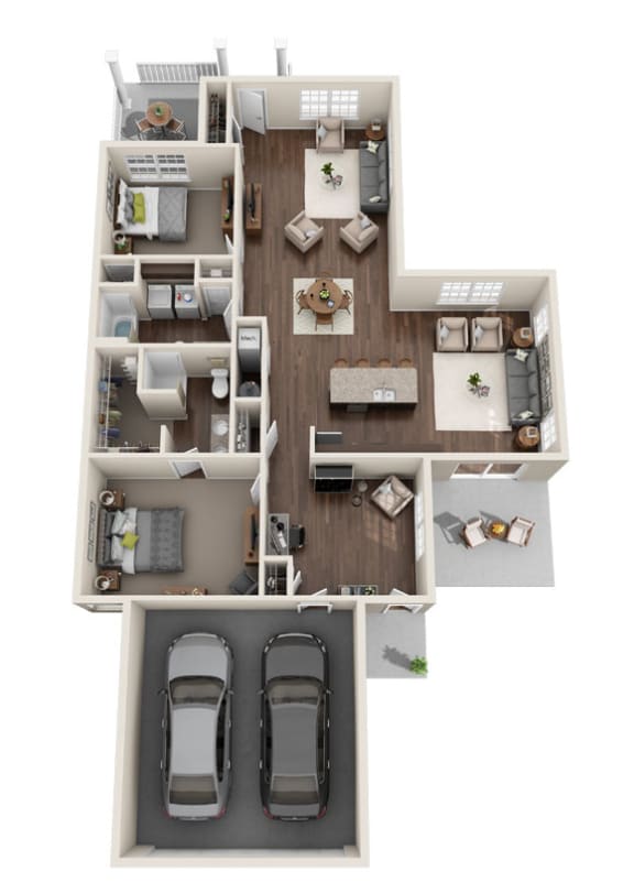 3d furnished floor plan of a 1 bedroom apartment