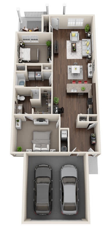 A floor plan of a two bedroom apartment with a garage for two cars.