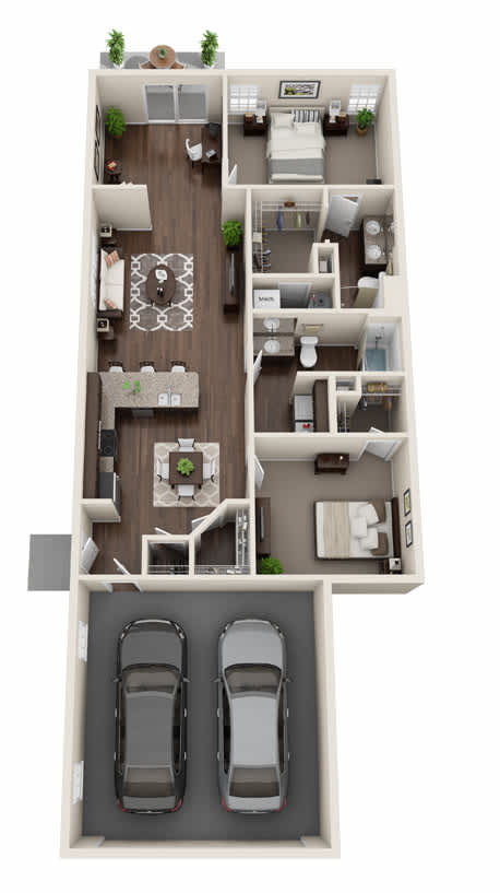 A floor plan of a house with two bedrooms, two bathrooms, a living room, a kitchen, and a garage.