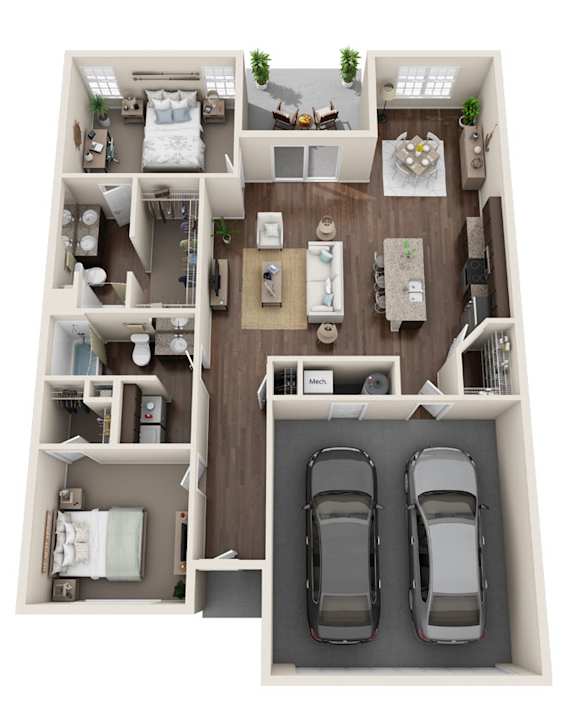 A top-down view of a house interior with two bedrooms, a living room, a kitchen, a dining area, and two parking spaces.