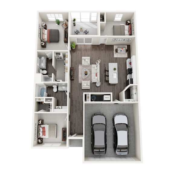 A top-down view of a small apartment with two bedrooms, a living room, a kitchen, and a garage for two cars.