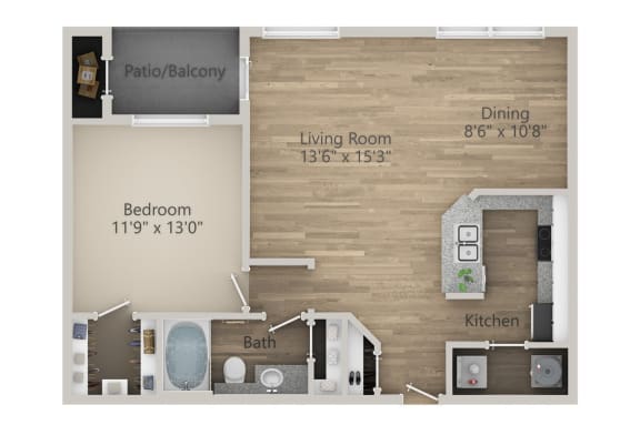 Floor Plan  One Bedroom One Bath Floor Plan at Riachi at One21, Texas