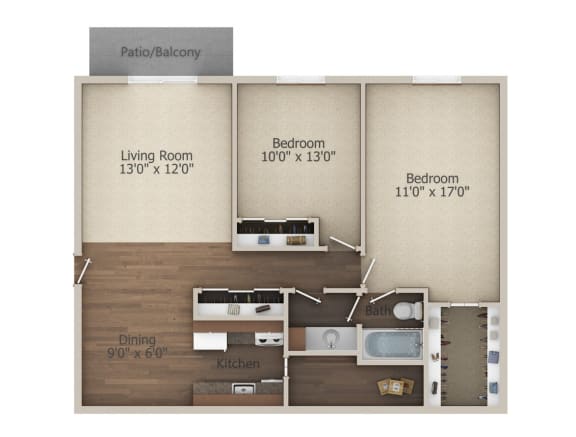 2 Bedroom 1 Bath (952 sq ft) Floor Plan at Glen Hills Apartments, Wisconsin, 53209