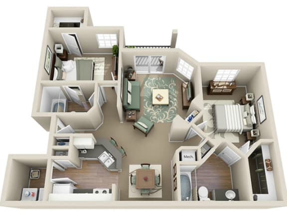 Floor Plan  2 Bed 2 Bath - Barcelona (1091 sq ft) Floor Plan at Parkside at South Tryon, Charlotte, NC, 28217