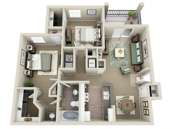 2 Bed 1 Bath - Sydney (1045 sq ft) Floor Plan at Parkside at South Tryon, Charlotte, North Carolina