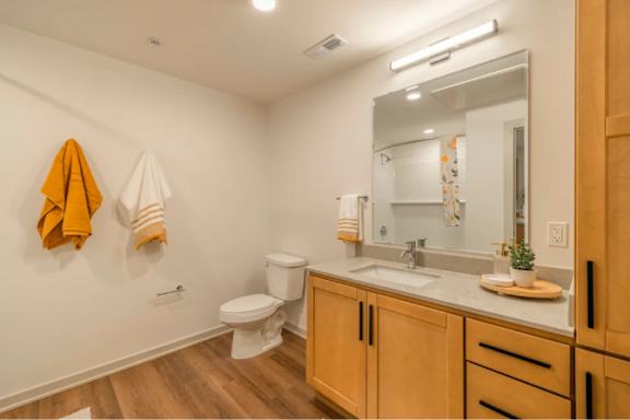 A bathroom with a toilet, sink, and mirror.