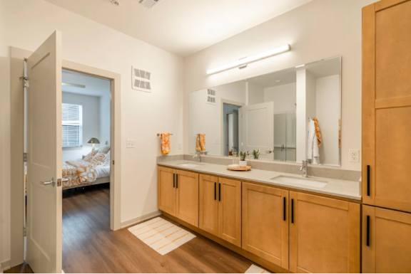A bathroom with a vanity and a mirror.