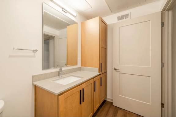A bathroom with a sink, mirror, and wooden cabinets.