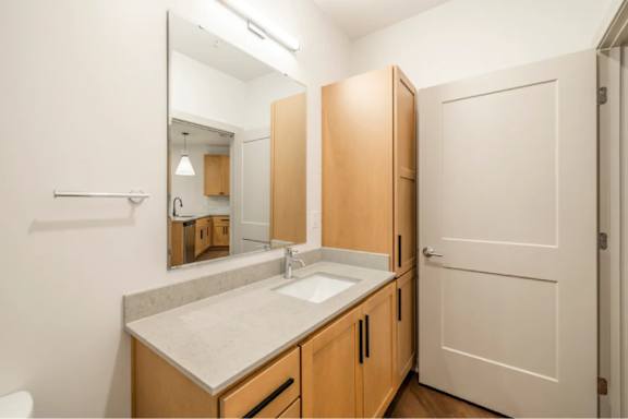 A bathroom with a sink, mirror, and wooden cabinets.