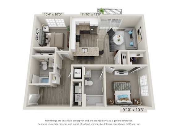 A 3D floor plan of a small apartment with a kitchen, living room, and two bedrooms.